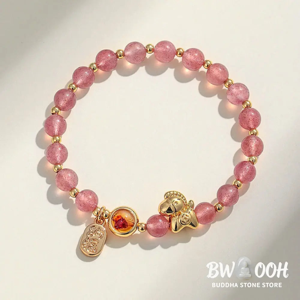 Buddha Stones Year Of The Horse Strawberry Quartz Citrine Red Agate Pink Crystal Love Bracelet - Bracelet