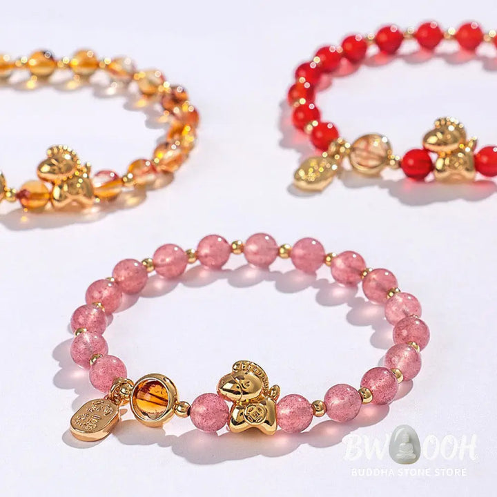 Buddha Stones Year Of The Horse Strawberry Quartz Citrine Red Agate Pink Crystal Love Bracelet - Bracelet