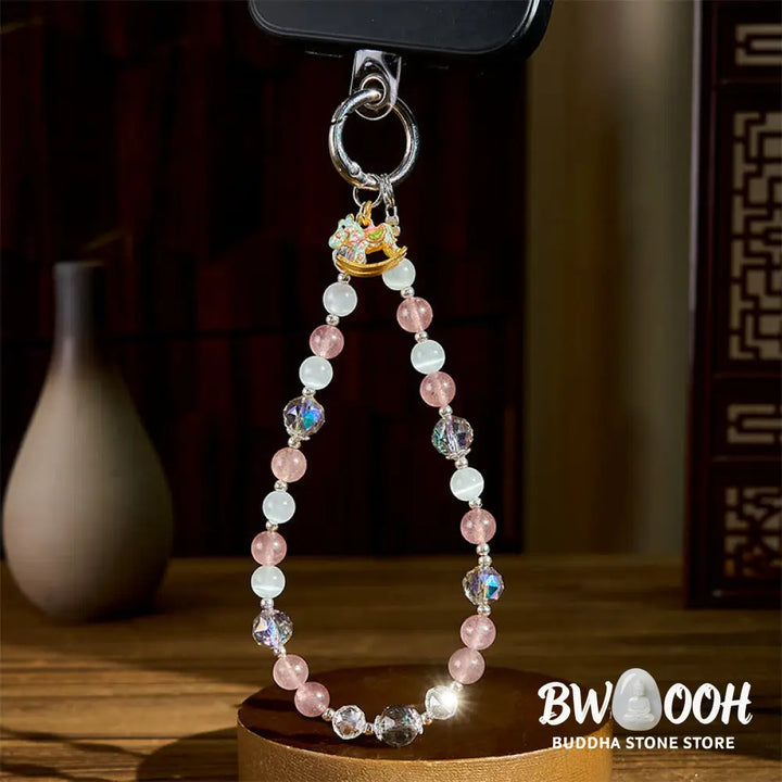 Buddha Stones Year of the Horse Strawberry Quartz White Cat&