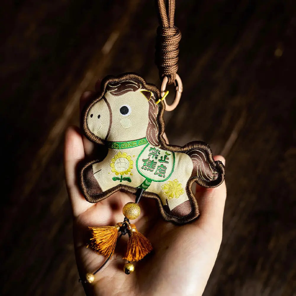 Buddha Stones Year Of The Horse Various Color Embroidery Tassel Prosperity Key Chain - Beige Horse(Size: 9*8cm)