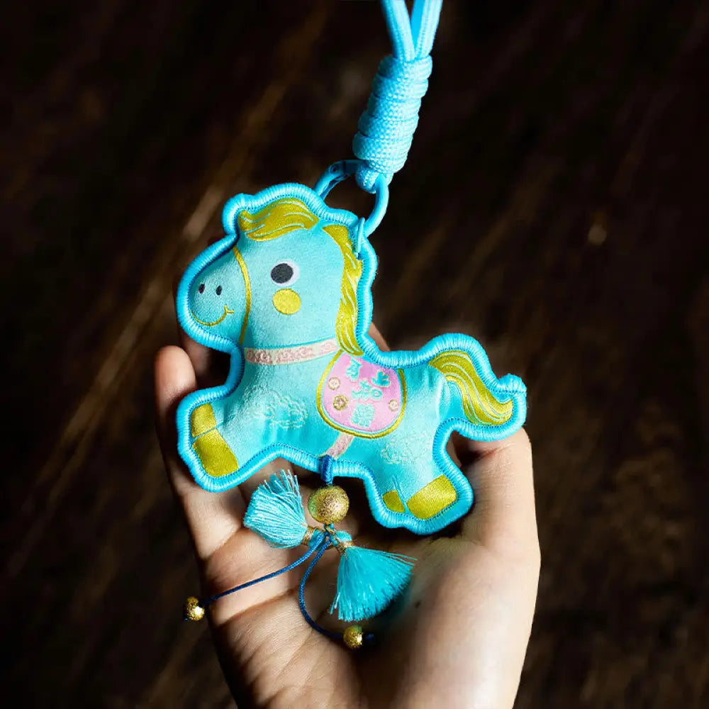 Buddha Stones Year Of The Horse Various Color Embroidery Tassel Prosperity Key Chain - Blue Horse(Size: 9*8cm)