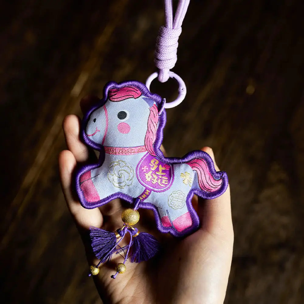 Buddha Stones Year Of The Horse Various Color Embroidery Tassel Prosperity Key Chain - Purple Horse(Size: 9*8cm)