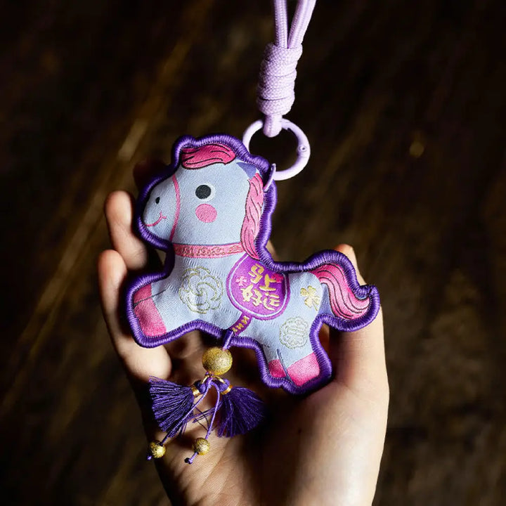 Buddha Stones Year Of The Horse Various Color Embroidery Tassel Prosperity Key Chain - Purple Horse(Size: 9*8cm)