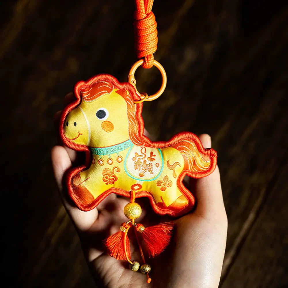Buddha Stones Year Of The Horse Various Color Embroidery Tassel Prosperity Key Chain - Yellow Horse(Size: 9*8cm)