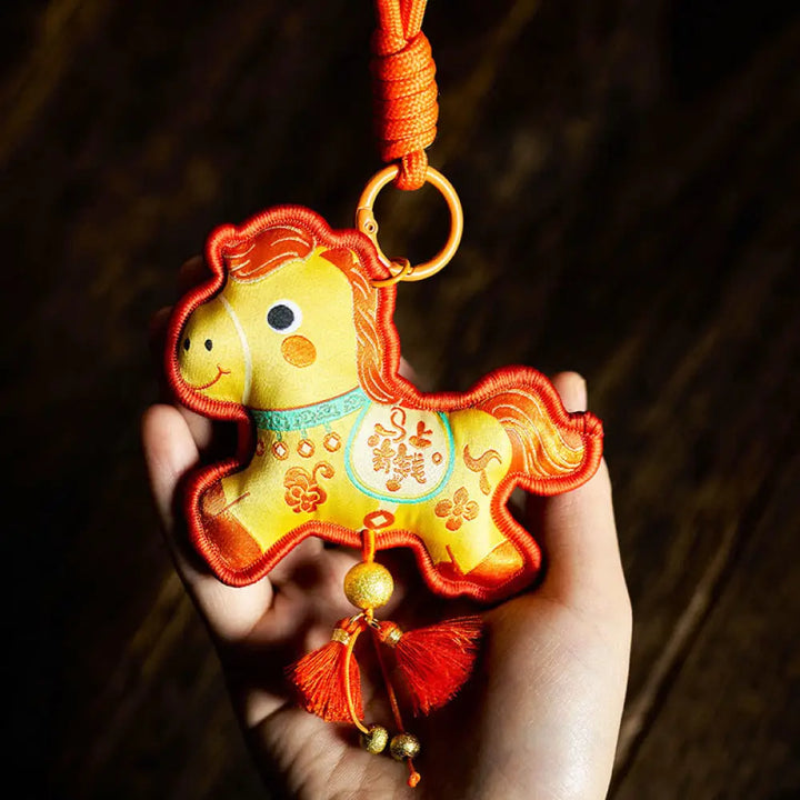 Buddha Stones Year Of The Horse Various Color Embroidery Tassel Prosperity Key Chain - Yellow Horse(Size: 9*8cm)