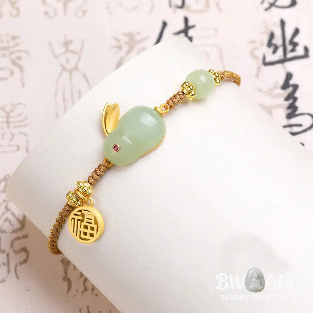 Buddha Stones Year of the Rabbit Hetian Jade Happiness Blessing Wealth String Bracelet - BWOOOH - Hetian