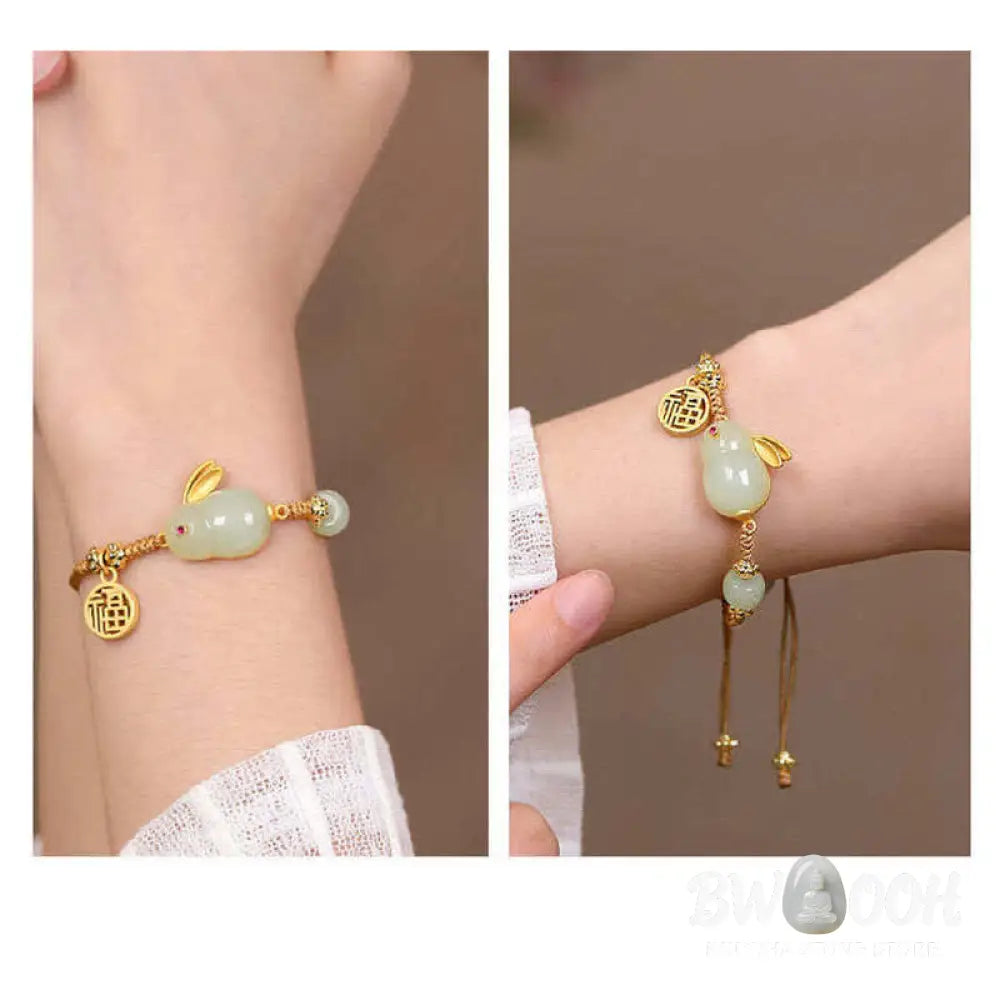 Buddha Stones Year of the Rabbit Hetian Jade Happiness Blessing Wealth String Bracelet - BWOOOH - Hetian