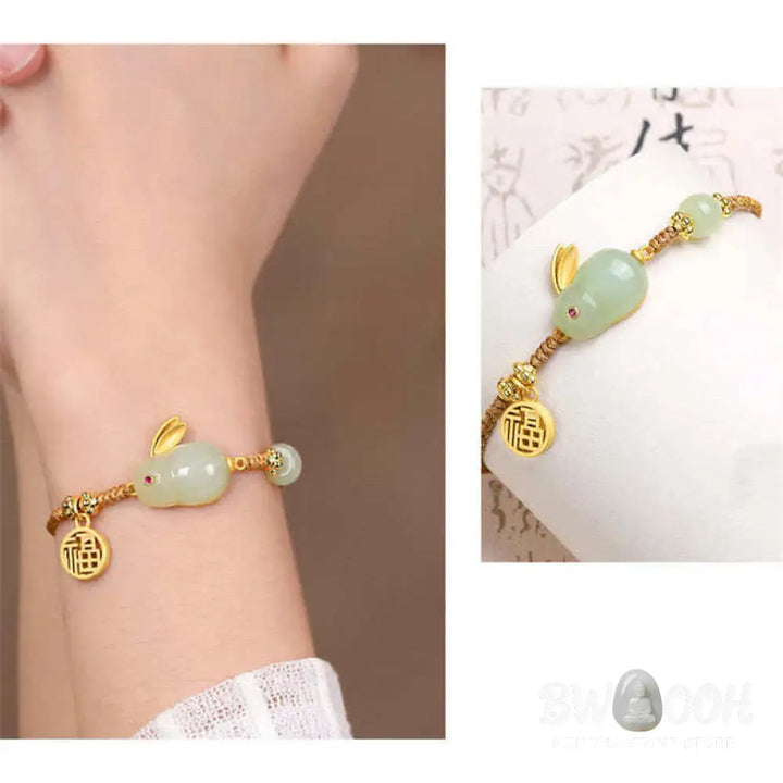 Buddha Stones Year of the Rabbit Hetian Jade Happiness Blessing Wealth String Bracelet - BWOOOH - Hetian