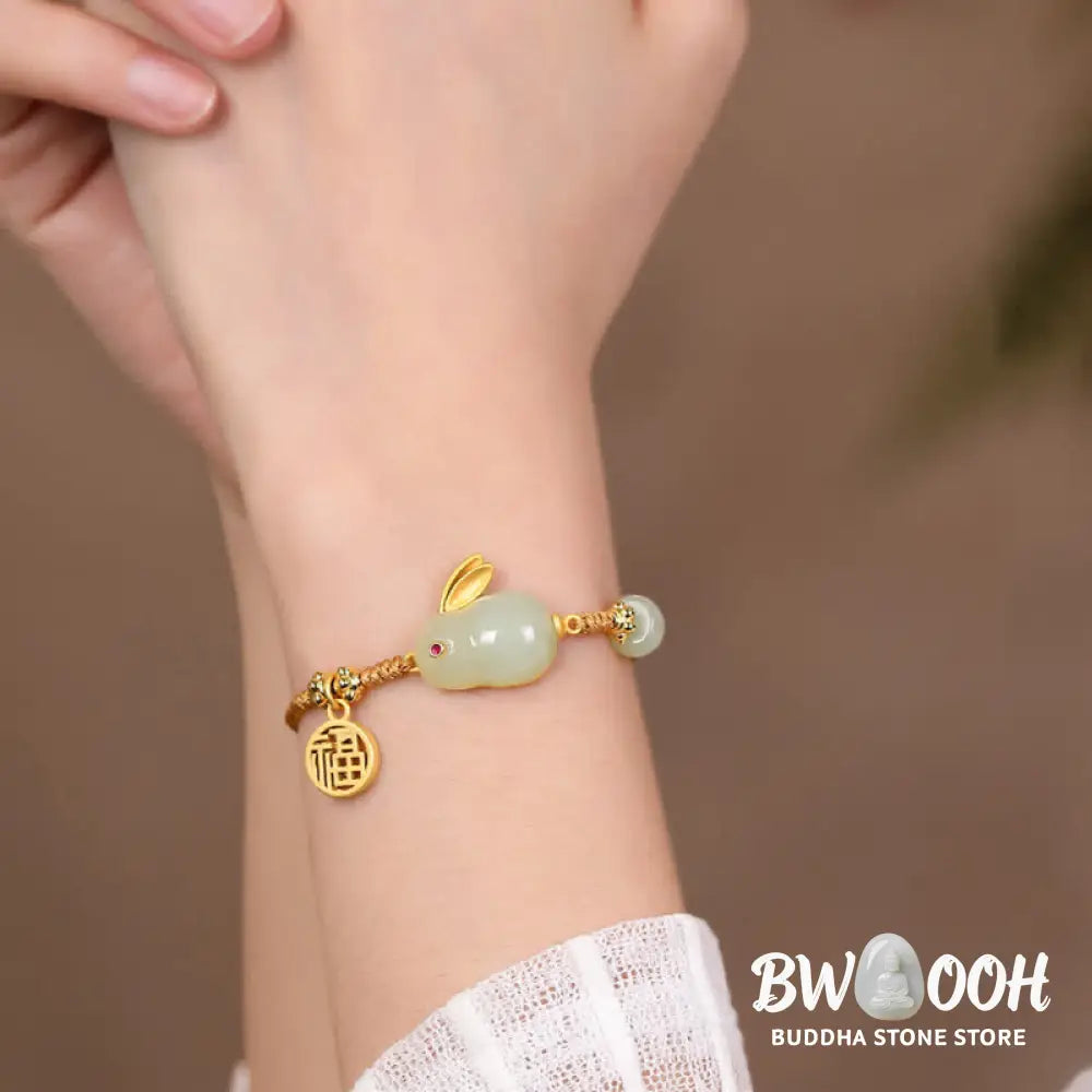 Buddha Stones Year of the Rabbit Hetian Jade Happiness Blessing Wealth String Bracelet - BWOOOH - Hetian
