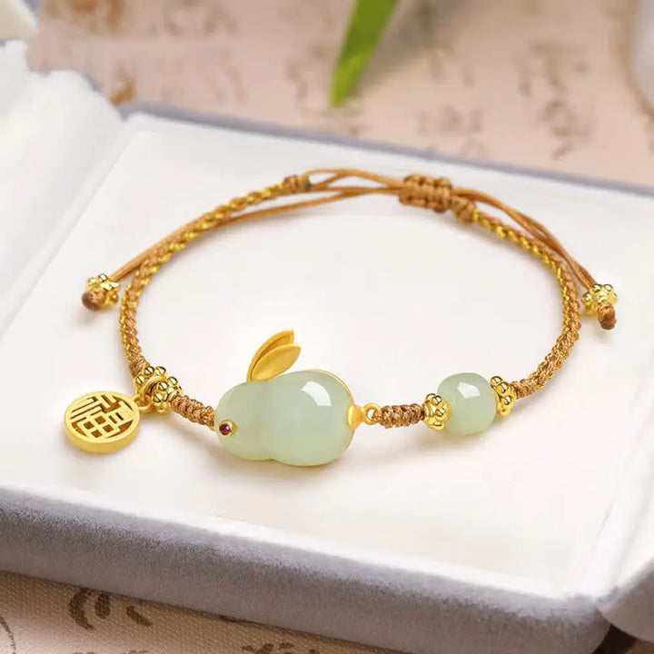 Buddha Stones Year of the Rabbit Hetian Jade Happiness Blessing Wealth String Bracelet - BWOOOH - Hetian