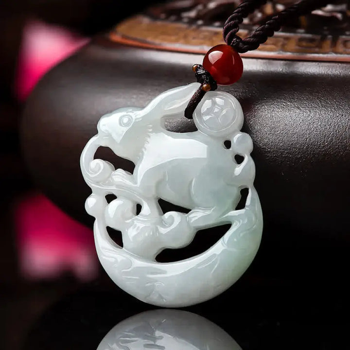 BWOOOH Year of the Rabbit white jade crescent moon protection necklace pendant — natural jade feng shui spiritual jewelry
