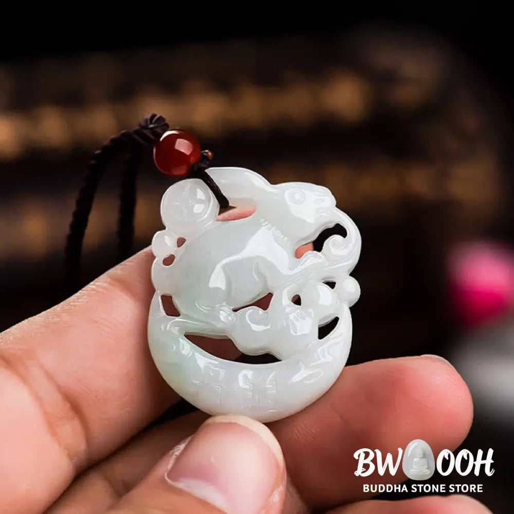 BWOOOH Year of the Rabbit White Jade Crescent Moon Protection Necklace Pendant, 50cm, unisex. Delicately carved white jade crescent moon (32.5x25x4.5mm) with elegant symbolism for luck and spiritual protection, ideal for Benmingnian. - View 4