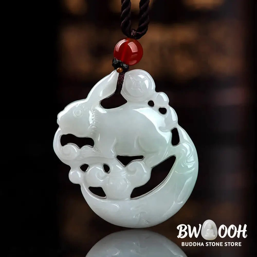 BWOOOH Year of the Rabbit White Jade Crescent Moon Protection Necklace Pendant, 50cm, unisex. Delicately carved white jade crescent moon (32.5x25x4.5mm) with elegant symbolism for luck and spiritual protection, ideal for Benmingnian. - View 2