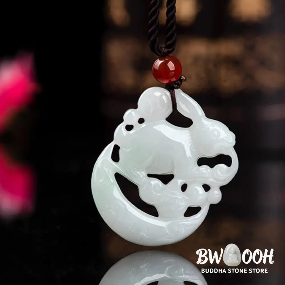 BWOOOH Year of the Rabbit White Jade Crescent Moon Protection Necklace Pendant, 50cm, unisex. Delicately carved white jade crescent moon (32.5x25x4.5mm) with elegant symbolism for luck and spiritual protection, ideal for Benmingnian. - View 6