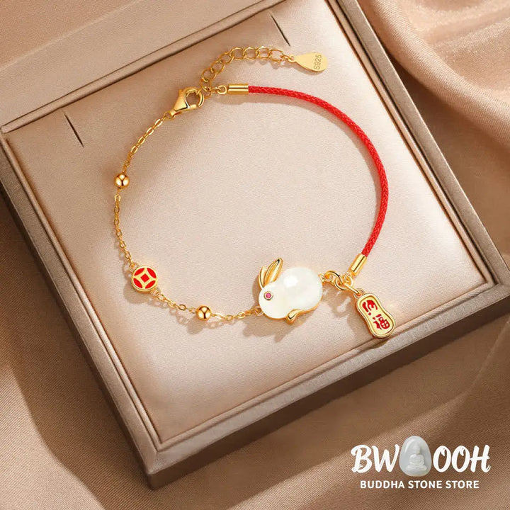 Buddha Stones Year of the Rabbit White Jade Happiness Red String Chain Bracelet - BWOOOH - White