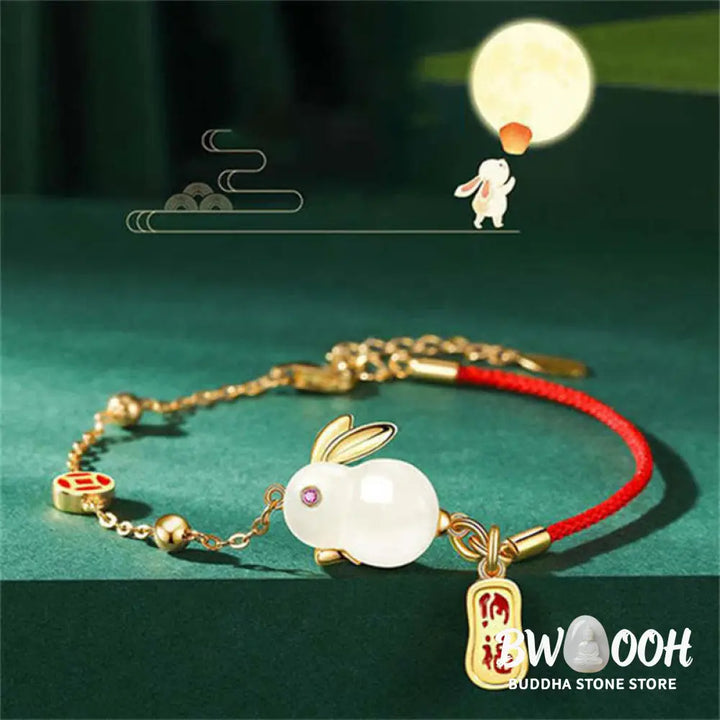 Buddha Stones Year of the Rabbit White Jade Happiness Red String Chain Bracelet - BWOOOH - White