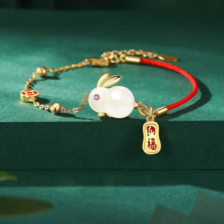 Buddha Stones Year of the Rabbit White Jade Happiness Red String Chain Bracelet - BWOOOH - White