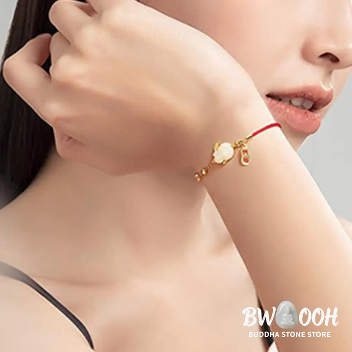 Buddha Stones Year of the Rabbit White Jade Happiness Red String Chain Bracelet - BWOOOH - White