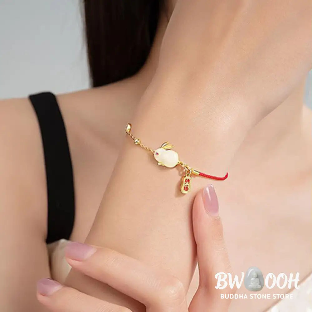 Buddha Stones Year of the Rabbit White Jade Happiness Red String Chain Bracelet - BWOOOH - White