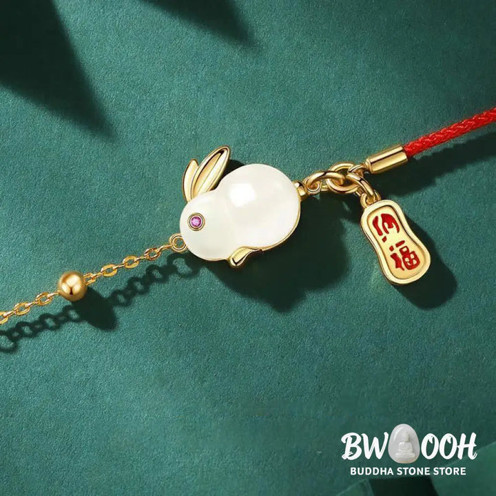 Buddha Stones Year of the Rabbit White Jade Happiness Red String Chain Bracelet - BWOOOH - White