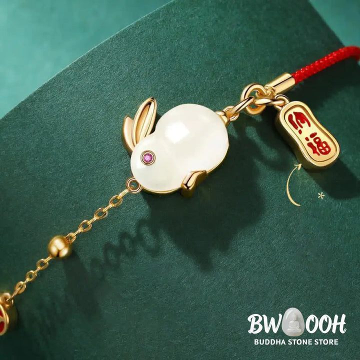 Buddha Stones Year of the Rabbit White Jade Happiness Red String Chain Bracelet - BWOOOH - White