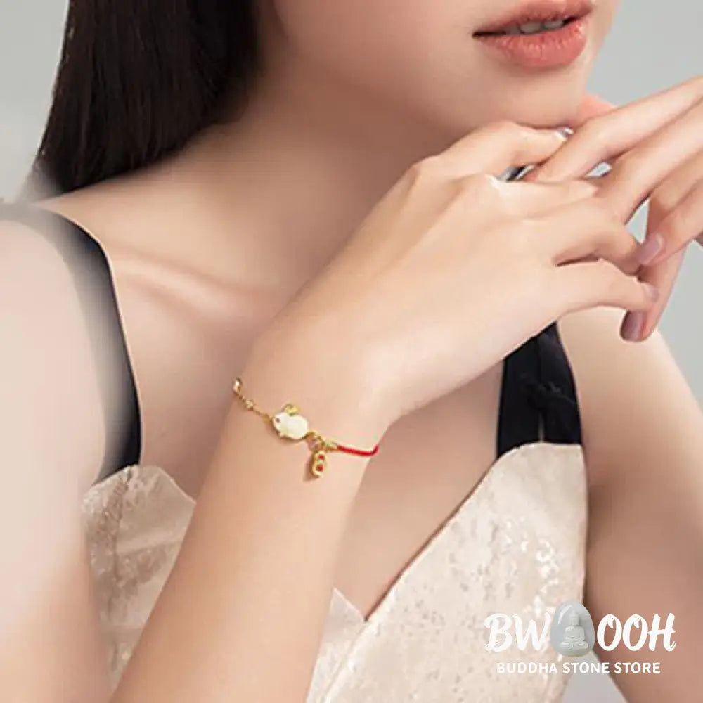 Buddha Stones Year of the Rabbit White Jade Happiness Red String Chain Bracelet - BWOOOH - White