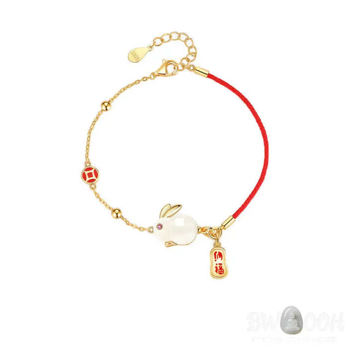 Buddha Stones Year of the Rabbit White Jade Happiness Red String Chain Bracelet - BWOOOH - White