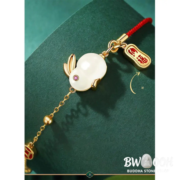 Buddha Stones Year of the Rabbit White Jade Happiness Red String Chain Bracelet - BWOOOH - White