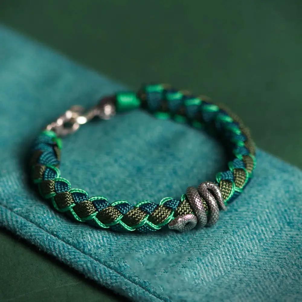 BWOOOH Year of the Snake 999 Sterling Silver String Protection Braided Bracelet - BWOOOH - Green&Black Rope