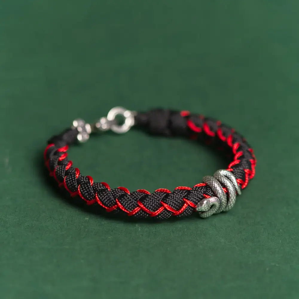 Buddha Stones Year of the Snake 999 Sterling Silver String Protection Braided Bracelet - BWOOOH - Red&amp;Black Rope / 15cm
