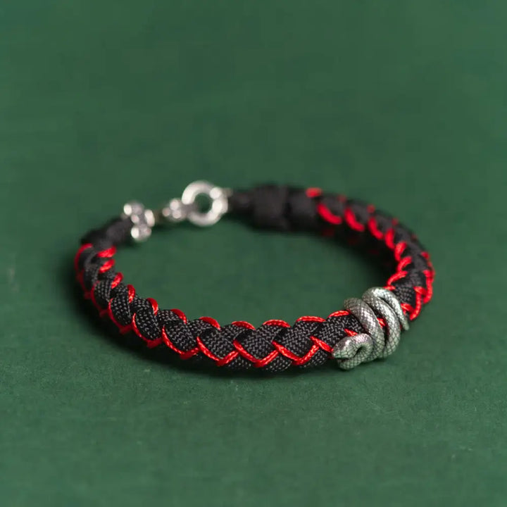 Buddha Stones Year of the Snake 999 Sterling Silver String Protection Braided Bracelet - BWOOOH - Red&amp;Black Rope / 15cm