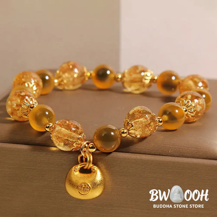 Buddha Stones Yellow Candy Agate Fu Character Blessing Bag Healing Bracelet - BWOOOH - Candy Agate(Wrist Circumference: