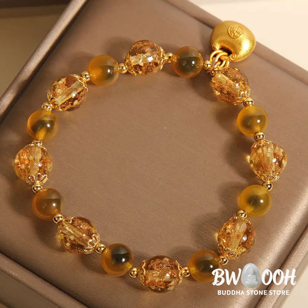 Buddha Stones Yellow Candy Agate Fu Character Blessing Bag Healing Bracelet - BWOOOH - Candy Agate(Wrist Circumference: