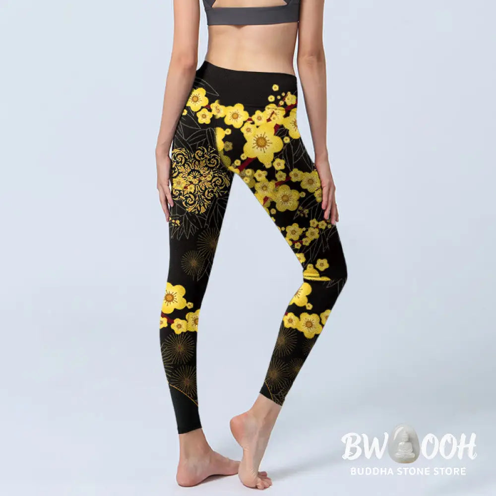 BWOOOH printed yoga leggings - Yellow Cherry Blossoms Bamboo Leaves Fir
