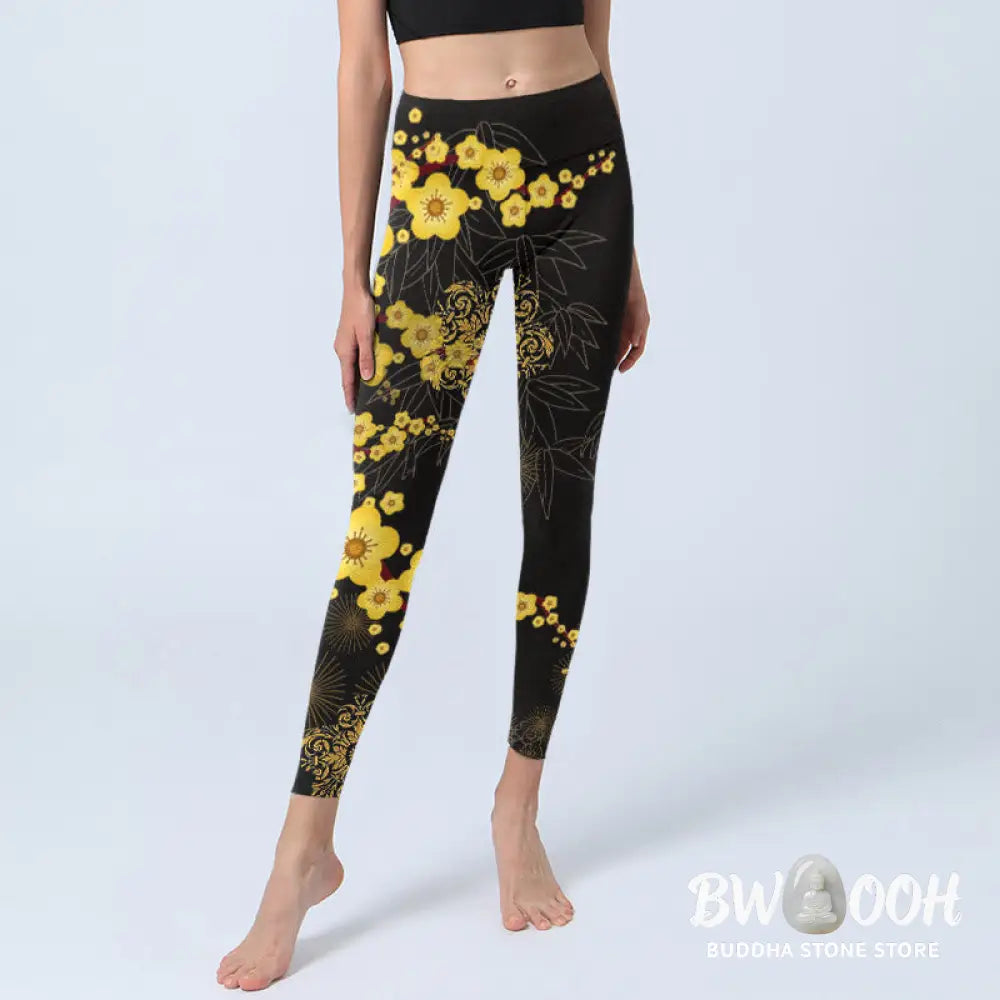 BWOOOH printed yoga leggings - Yellow Cherry Blossoms Bamboo Leaves Fir