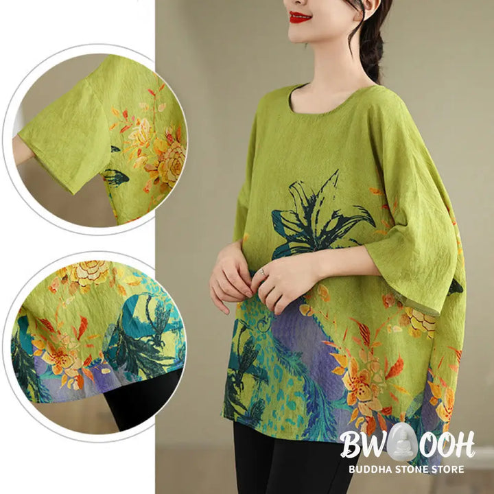 Buddha Stones Yellow Green Flowers Three Quarter Sleeve Linen T-shirt Tee - F(Fit for US4-14; UK/AU8-18; EU36-46)