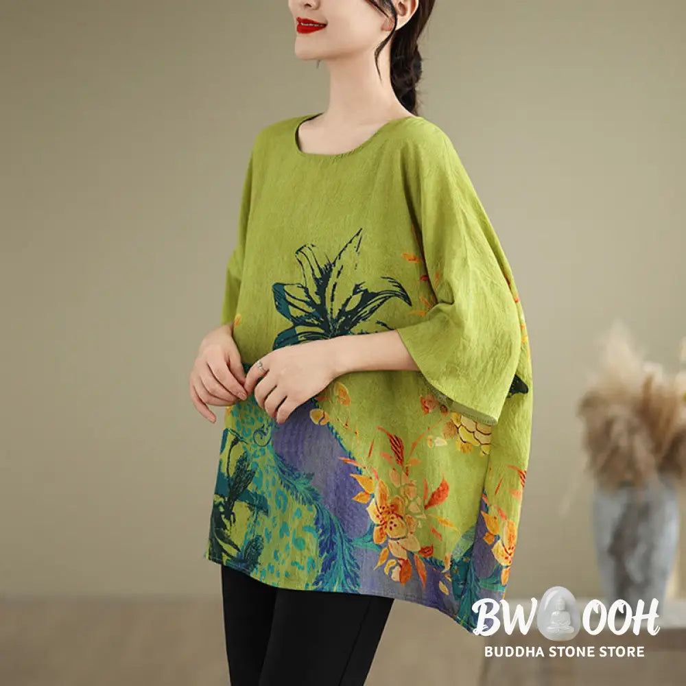 Buddha Stones Yellow Green Flowers Three Quarter Sleeve Linen T-shirt Tee - F(Fit for US4-14; UK/AU8-18; EU36-46)