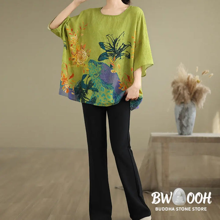 Buddha Stones Yellow Green Flowers Three Quarter Sleeve Linen T-shirt Tee - F(Fit for US4-14; UK/AU8-18; EU36-46)