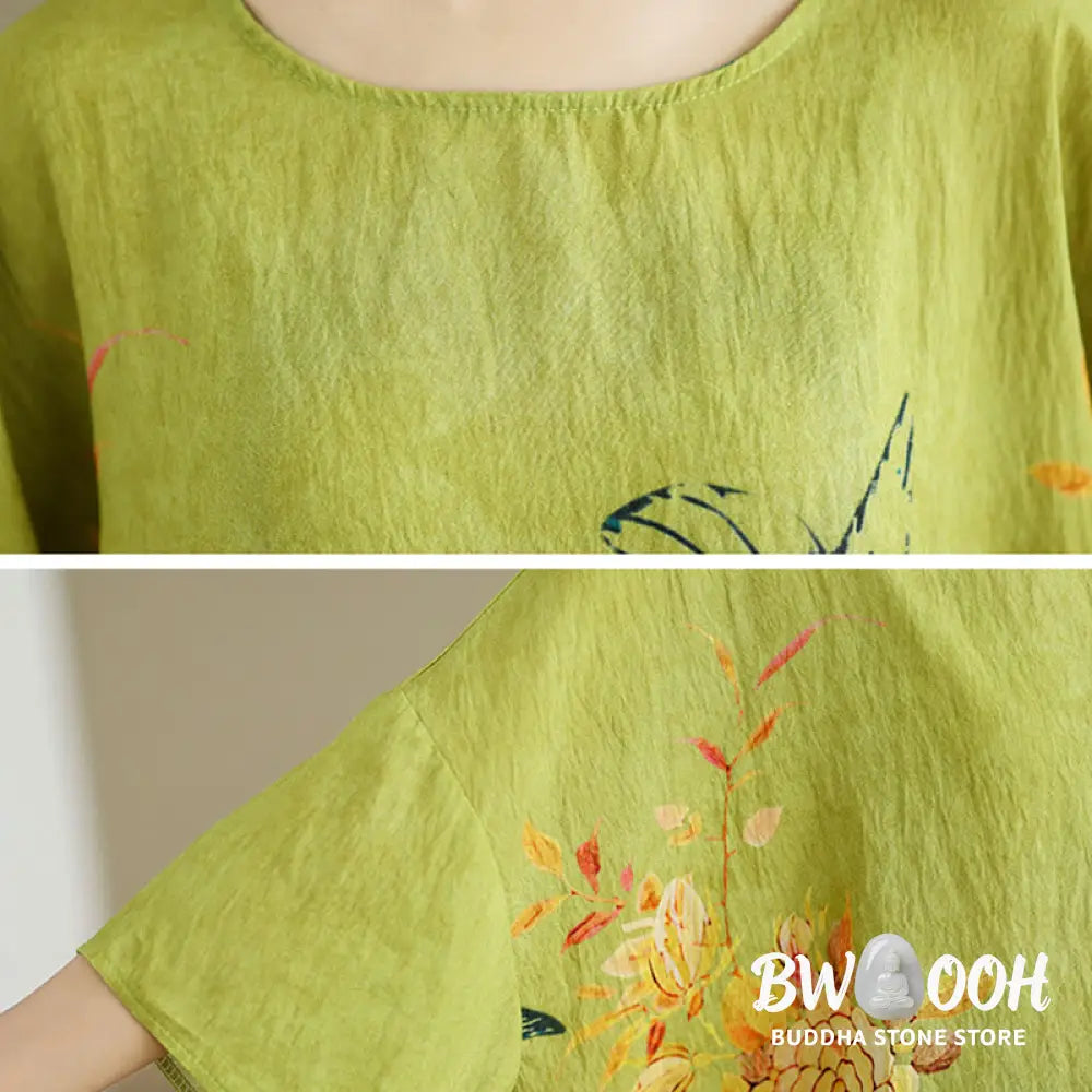 Buddha Stones Yellow Green Flowers Three Quarter Sleeve Linen T-shirt Tee - F(Fit for US4-14; UK/AU8-18; EU36-46)