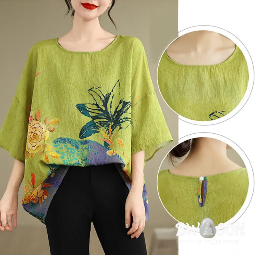 Buddha Stones Yellow Green Flowers Three Quarter Sleeve Linen T-shirt Tee - F(Fit for US4-14; UK/AU8-18; EU36-46)