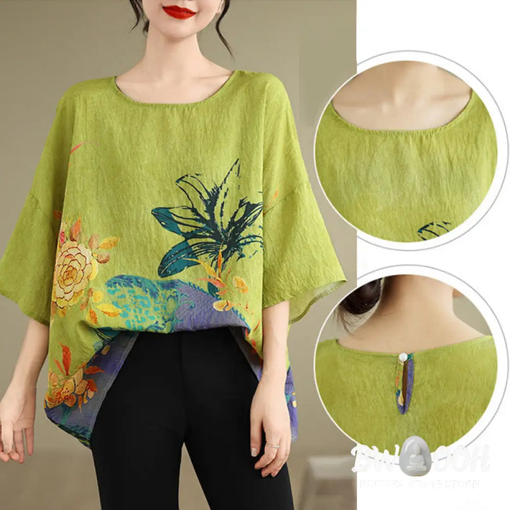 Buddha Stones Yellow Green Flowers Three Quarter Sleeve Linen T-shirt Tee - F(Fit for US4-14; UK/AU8-18; EU36-46)