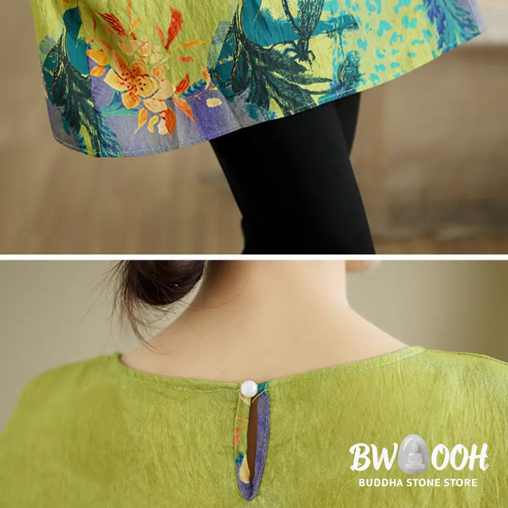 Buddha Stones Yellow Green Flowers Three Quarter Sleeve Linen T-shirt Tee - F(Fit for US4-14; UK/AU8-18; EU36-46)