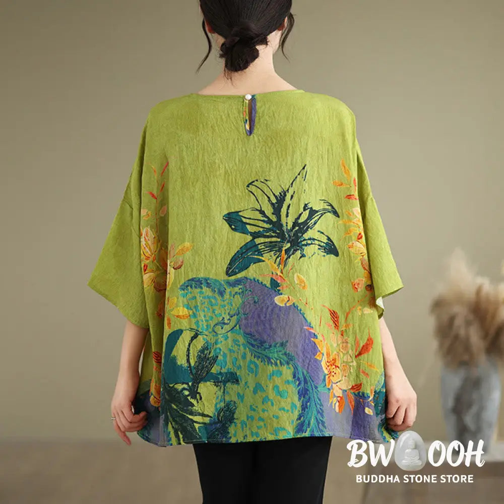 Buddha Stones Yellow Green Flowers Three Quarter Sleeve Linen T-shirt Tee - F(Fit for US4-14; UK/AU8-18; EU36-46)