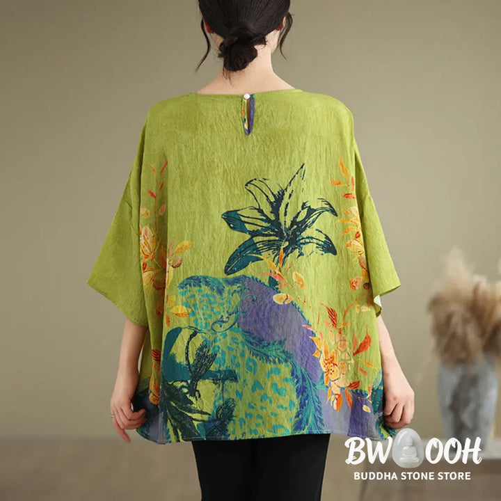 Buddha Stones Yellow Green Flowers Three Quarter Sleeve Linen T-shirt Tee - F(Fit for US4-14; UK/AU8-18; EU36-46)