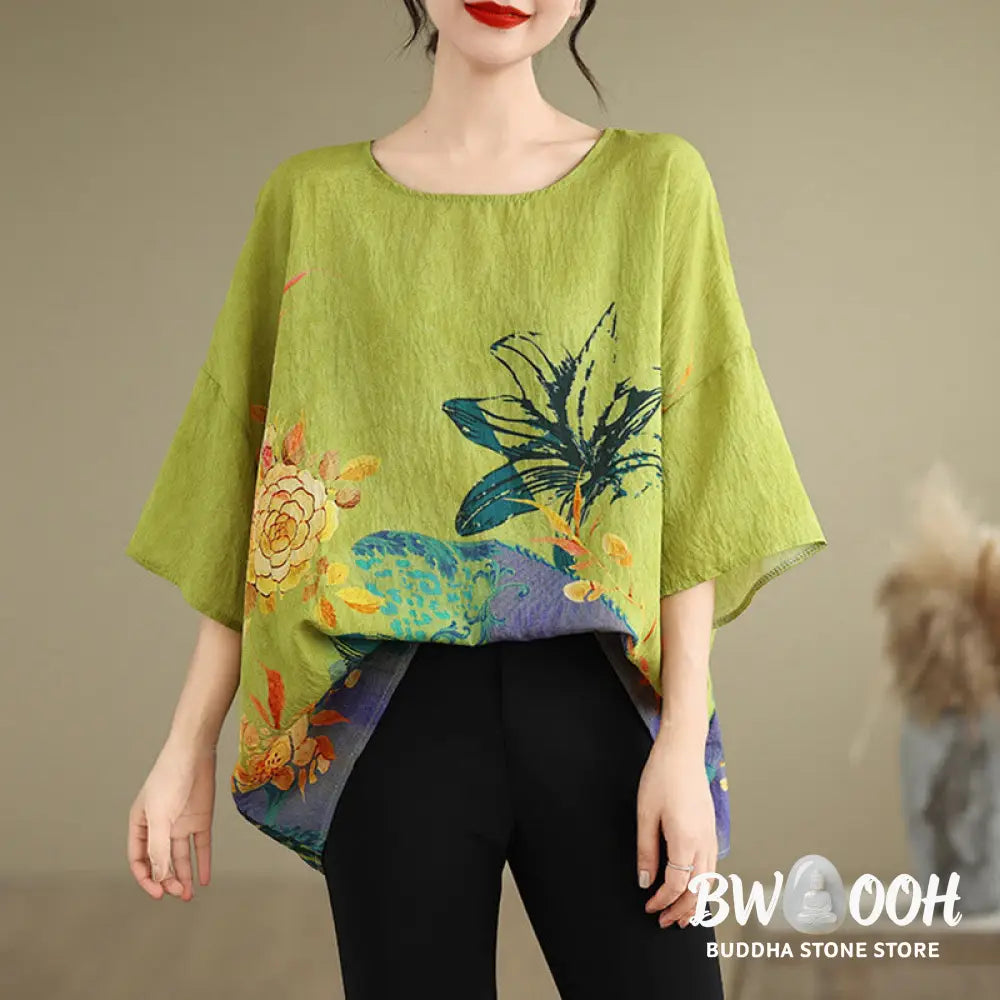 Buddha Stones Yellow Green Flowers Three Quarter Sleeve Linen T-shirt Tee - F(Fit for US4-14; UK/AU8-18; EU36-46)