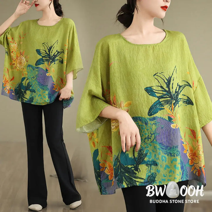 Buddha Stones Yellow Green Flowers Three Quarter Sleeve Linen T-shirt Tee - F(Fit for US4-14; UK/AU8-18; EU36-46)