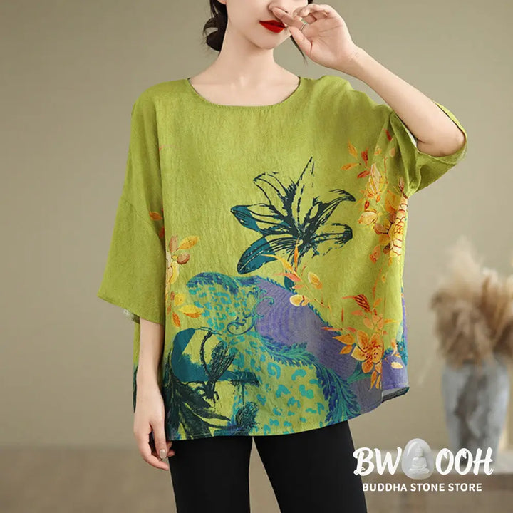 Buddha Stones Yellow Green Flowers Three Quarter Sleeve Linen T-shirt Tee - F(Fit for US4-14; UK/AU8-18; EU36-46)