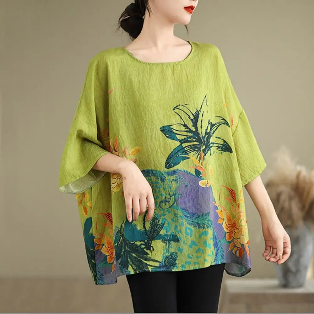 BWOOOH printed yoga pants - Yellow Green Flowers Three Quarter Sleev