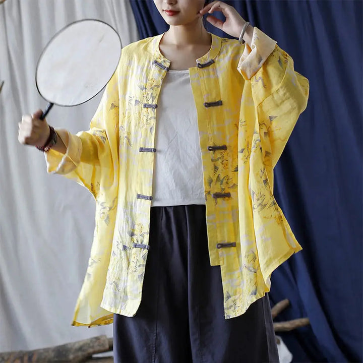 Buddha Stones Yellow Phoenix Print Frog-button Design Long Sleeve Ramie Linen Jacket Shirt - Yellow Phoenix Long