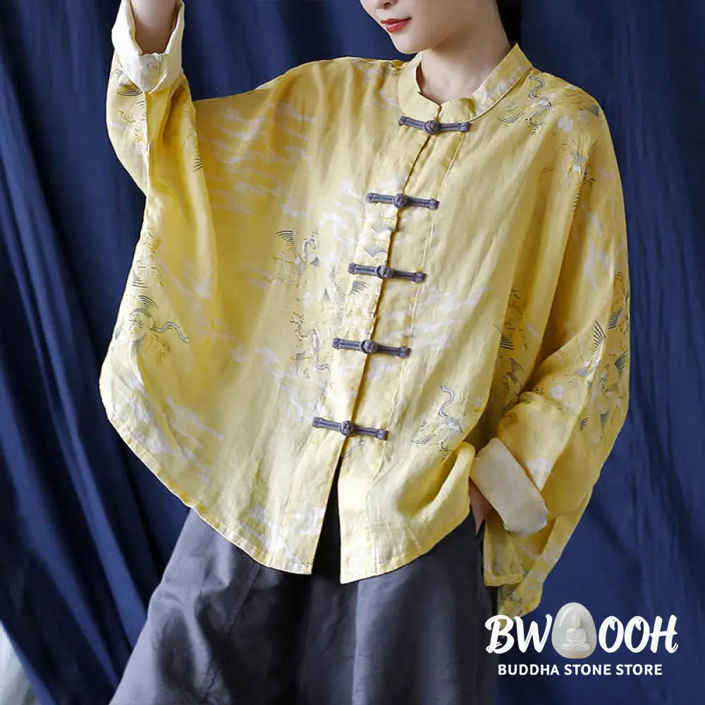 Buddha Stones Yellow Phoenix Print Frog-button Design Long Sleeve Ramie Linen Jacket Shirt - Women’s Shirts